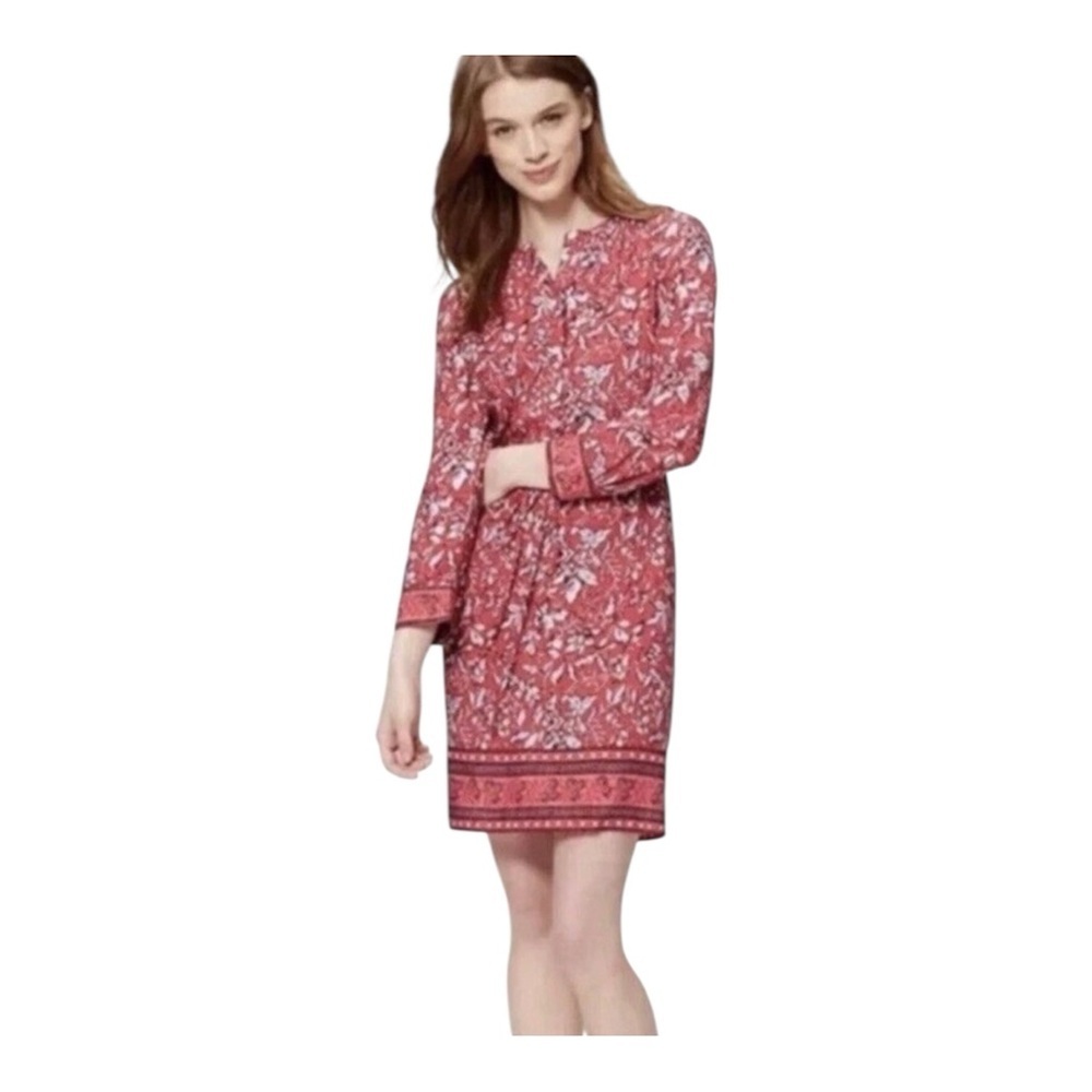 Ann Taylor LOFT Dark Coral Floral Boarder Henley Shirt Dress Small Petite PS SP - Picture 1 of 9